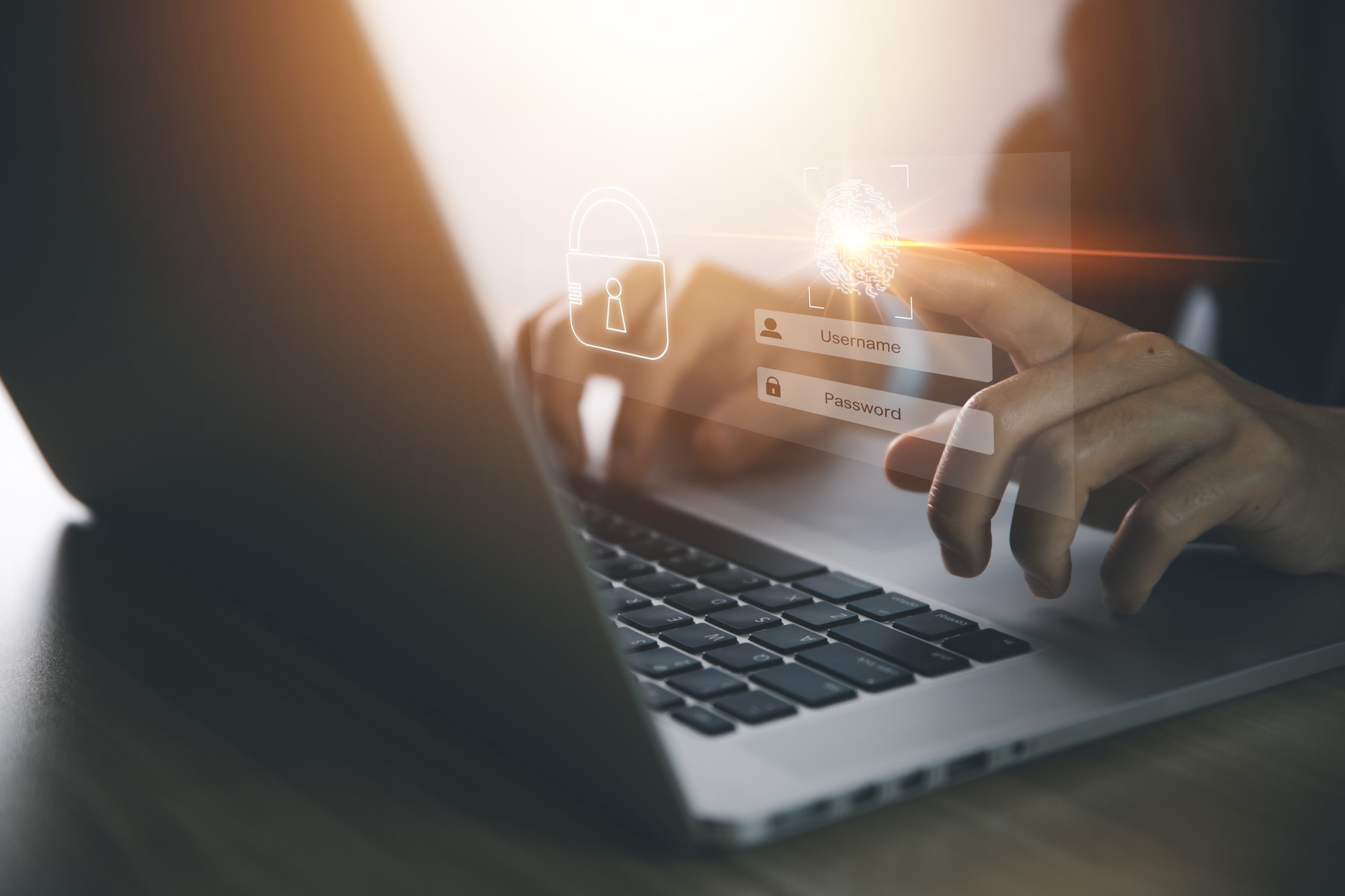 Un homme d’affaires scanne les empreintes digitales pour vérifier l’identité Biométrie. Concept de cybersécurité, mot de passe électronique informatique pour accéder à la confidentialité et aux informations commerciales. Mise en réseau des te